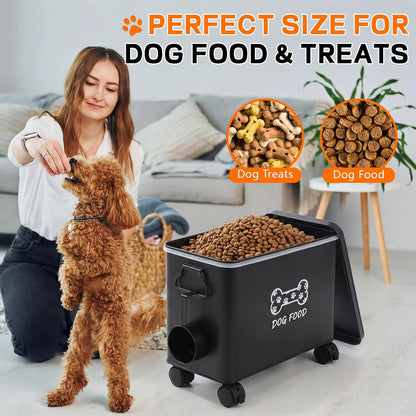 Moxweyeni Dog Food Container 13 lb Cute Airtight Food Storage Containers with Metal Lid Scoop Black Metal Storage Bin for Dog Cat with Wheels