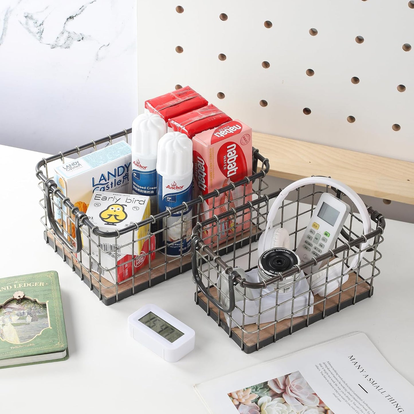 11.5" Wide Rectangular Sturdy Hand Welded Farmhouse Metal Wire Basket with Rustic Wooden Bottom For Shelves, Closet Storage Bins for Shelves. Also For Laundry, Towel, Spice Rack, Tool Box (11.5"x7")