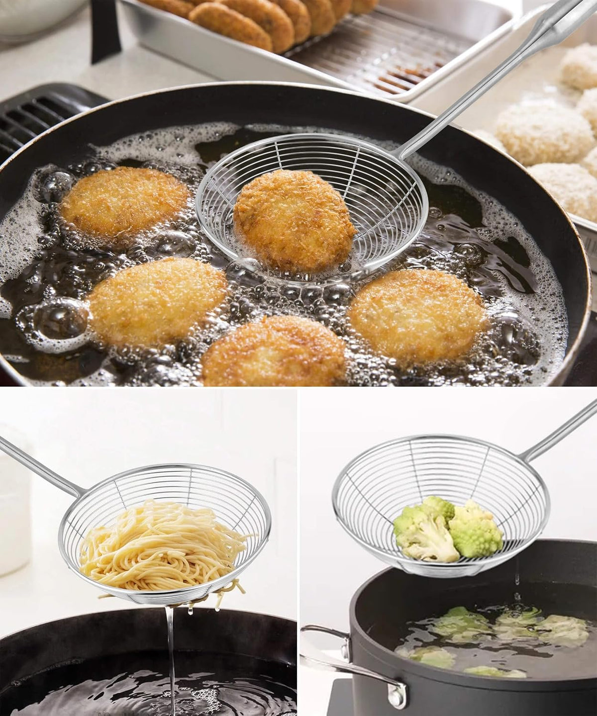304 Stainless Steel Spider Strainer Skimmer Ladle for Cooking and Frying, Kitchen Gadgets Utensils Wire Pasta Spoon