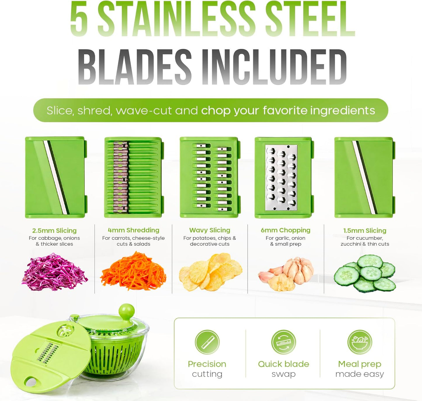 5-in-1 Salad Spinner Large with Lid Vegetable Washer and Dryer Fruit Cleaner Vegetable Chopper & Slicer with 5 Blades, 5 Qt Lettuce Spinner Strainer Shredder Bowl Egg Yolk Separator for Easy Meal Prep