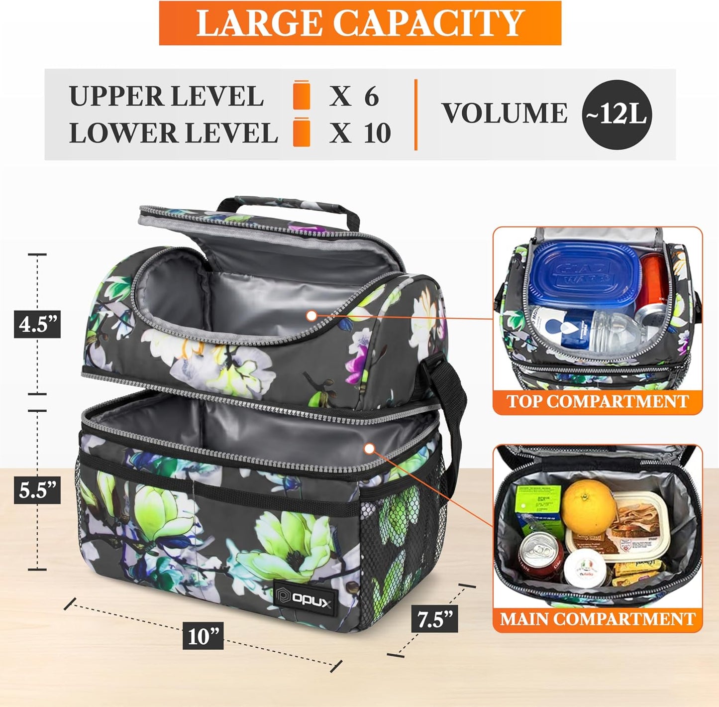 opux Insulated Lunch Bag for Men Women, Double Decker Leakproof Lunch Box Cooler Tote with Shoulder Strap, Large Lunchbox for Work School Travel Meal Prep, Adults Kids Boys Girls, Green, 16 Cans