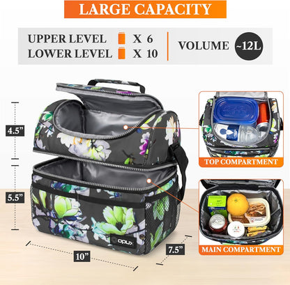 opux Insulated Lunch Bag for Men Women, Double Decker Leakproof Lunch Box Cooler Tote with Shoulder Strap, Large Lunchbox for Work School Travel Meal Prep, Adults Kids Boys Girls, Green, 16 Cans