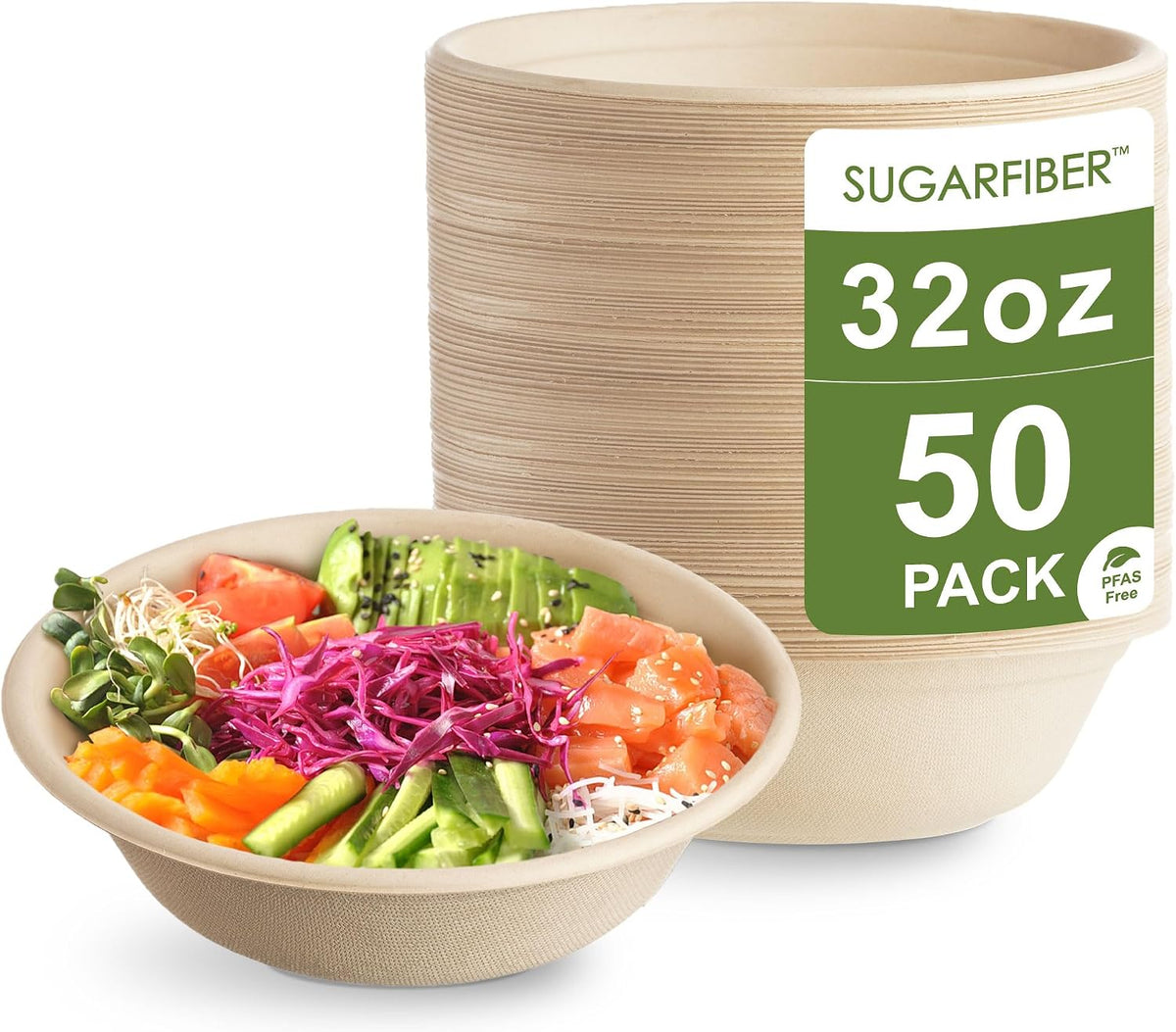 32oz Compostable Paper Bowls Disposable Round Natural Soup Bowls, 50 Count
