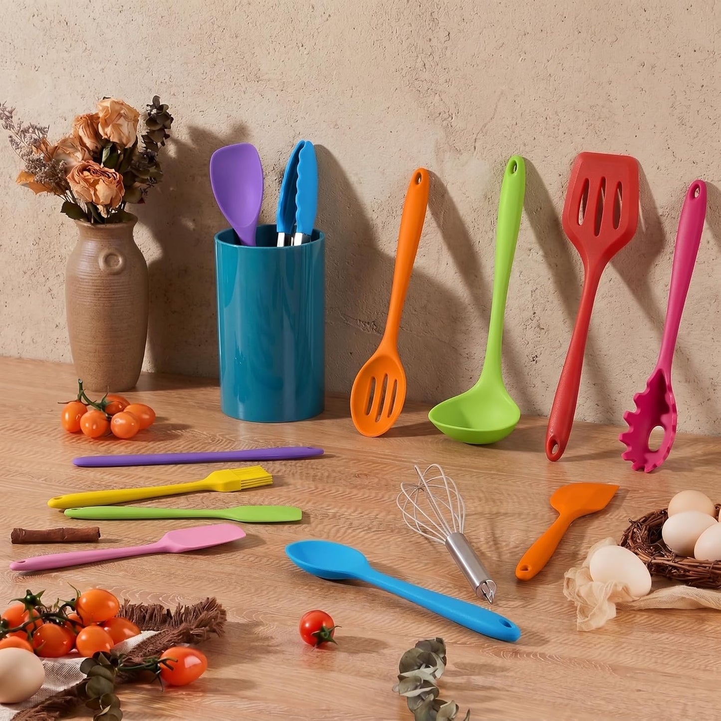 LIANYU 14 Pcs Silicone Kitchen Utensils Set with Holder, 446°F Heat Resistant Silicone Cooking Kitchen Utensils Spatula Set, Non-Stick & Dishwasher Safe Cooking Tools, Comfort Grip Handle, Black