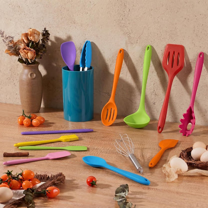 LIANYU 14 Pcs Silicone Kitchen Utensils Set with Holder, 446°F Heat Resistant Silicone Cooking Kitchen Utensils Spatula Set, Non-Stick & Dishwasher Safe Cooking Tools, Comfort Grip Handle, Black