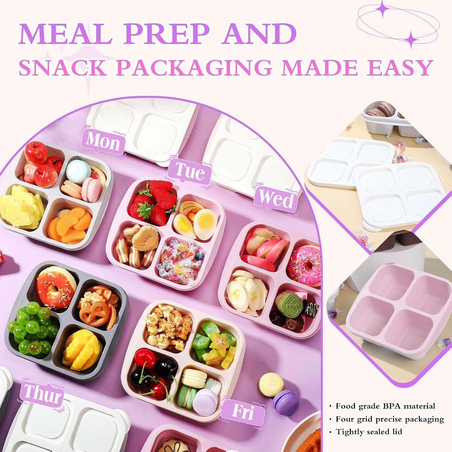 Honeydak 10 Pack Bento Snack Containers 4 Compartment Snack Boxes Reusable Containers with Lids Divided Meal Prep Lunch Food Storage Box for School Work Travel