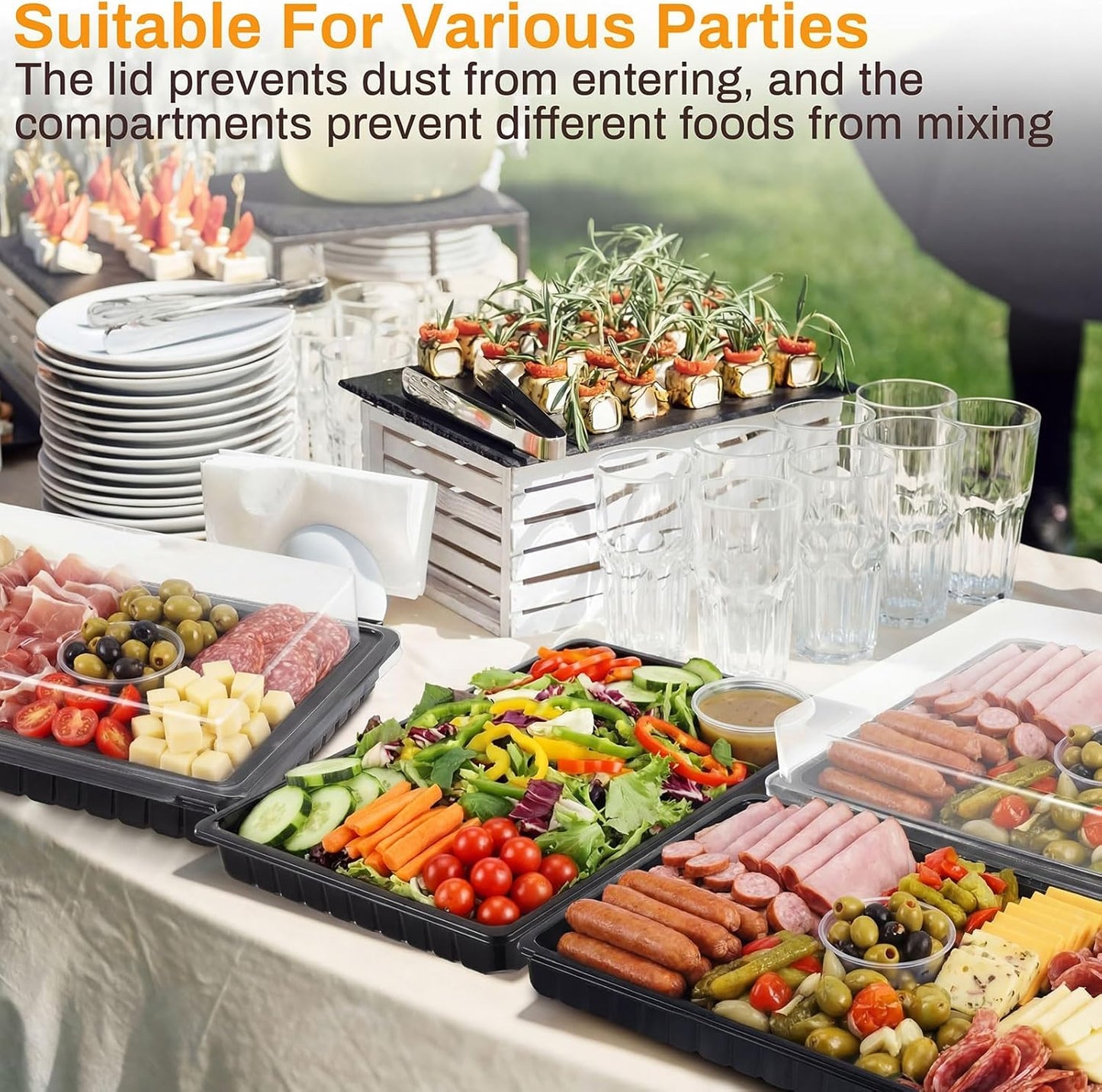 Shellwei 5 Pack Extra Large Charcuterie Board with Lids, 15 x 10 Inch Plastic Catering Trays for Cookies, Desserts, Candy, Reusable Serving Platters for Travel Party