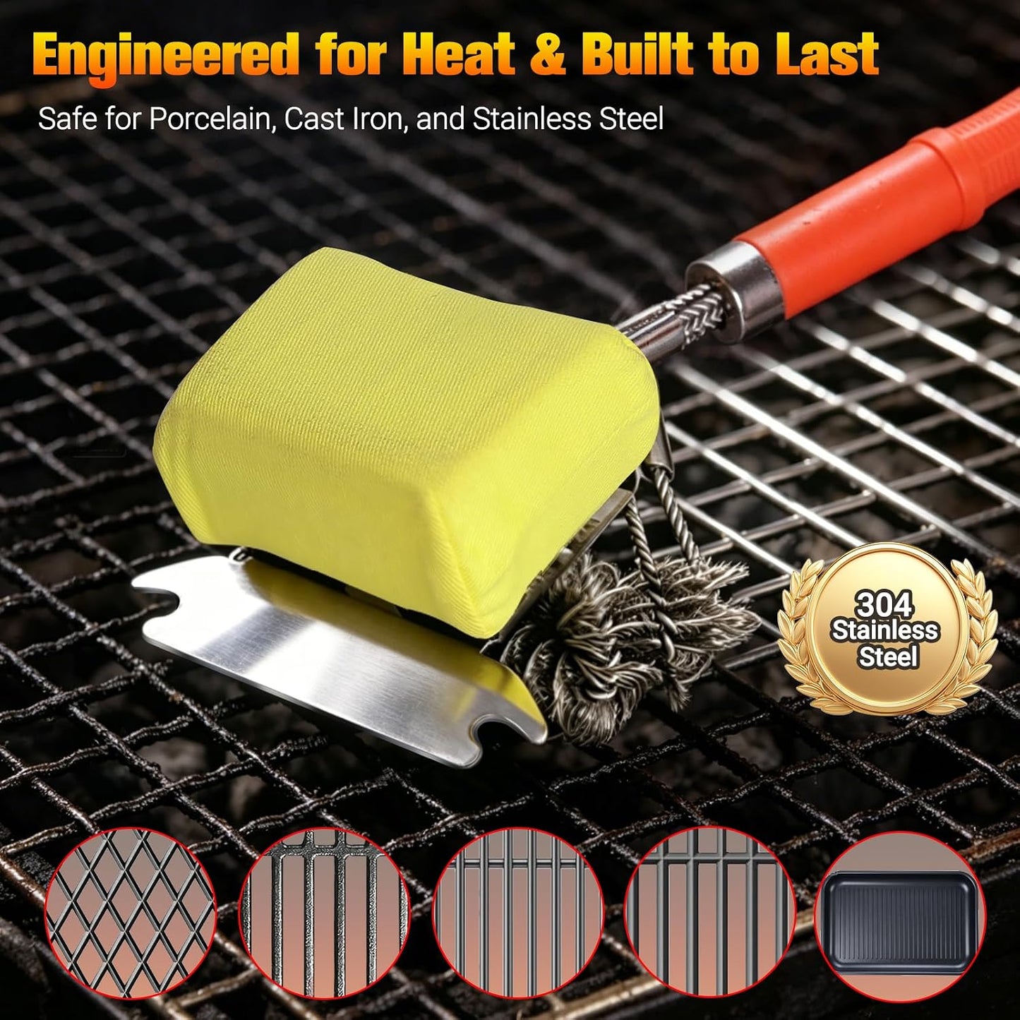 Professional 3-in-1 Grill Brush and Scraper with Safety Second Sweep Sponges - 18" Detachable Long Handle BBQ Cleaner for Heavy Duty Grime - Ideal Father's Day Grilling Gift for Men (Black)