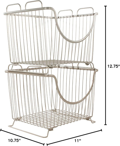 Spectrum Ashley Small Stackable Wire Baskets for Pantry & Kitchen Counter Organizer, Stacking Fruit Basket Wire Bin with Raised Feet & Handles for Vegetable Fruit Potato Onion Storage, Satin Nickel