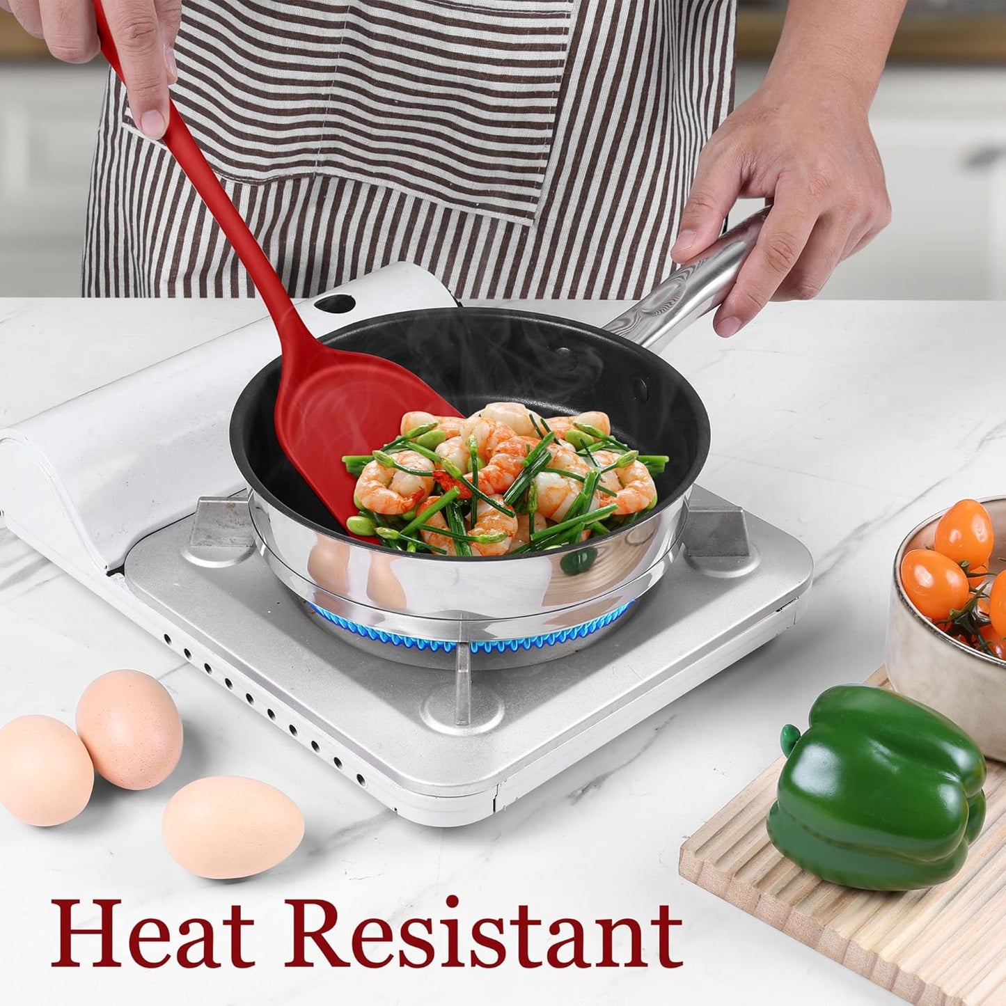 LIANYU Non-Toxic Silicone Kitchen Utensils Set, 8 Piece Non-Scratch Cooking Spoons & Spatulas, Stainless Steel Core, Heat Resistant & Dishwasher Safe, Khaki
