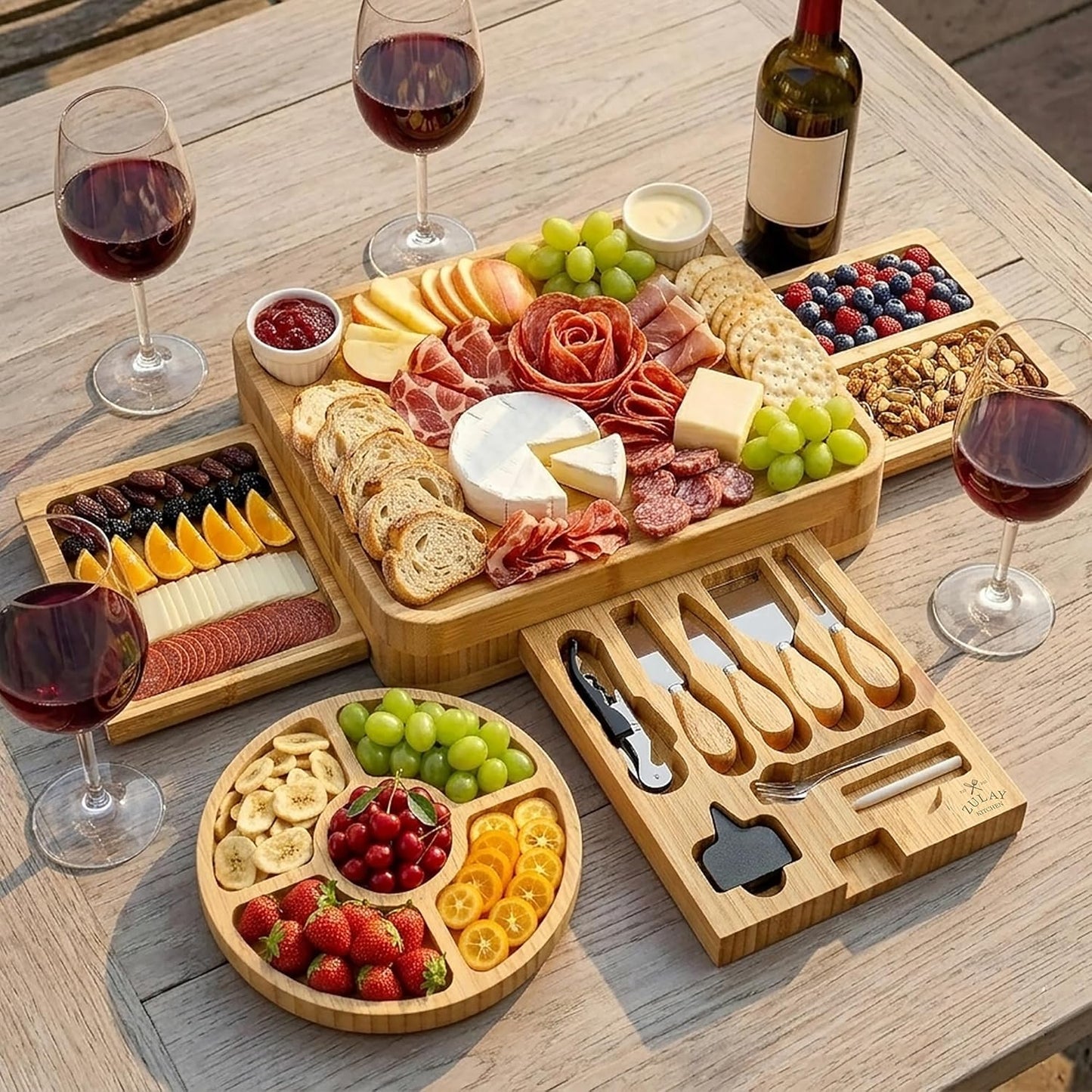 Zulay Kitchen Premium Bamboo Charcuterie Board - Extra Thick Bamboo Board with 4 Piece Knife Set - Perfect for Charcuterie, Wine and Cheese