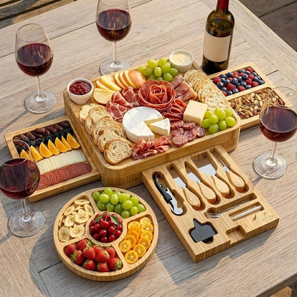 Zulay Kitchen Premium Bamboo Charcuterie Board - Extra Thick Bamboo Board with 4 Piece Knife Set - Perfect for Charcuterie, Wine and Cheese