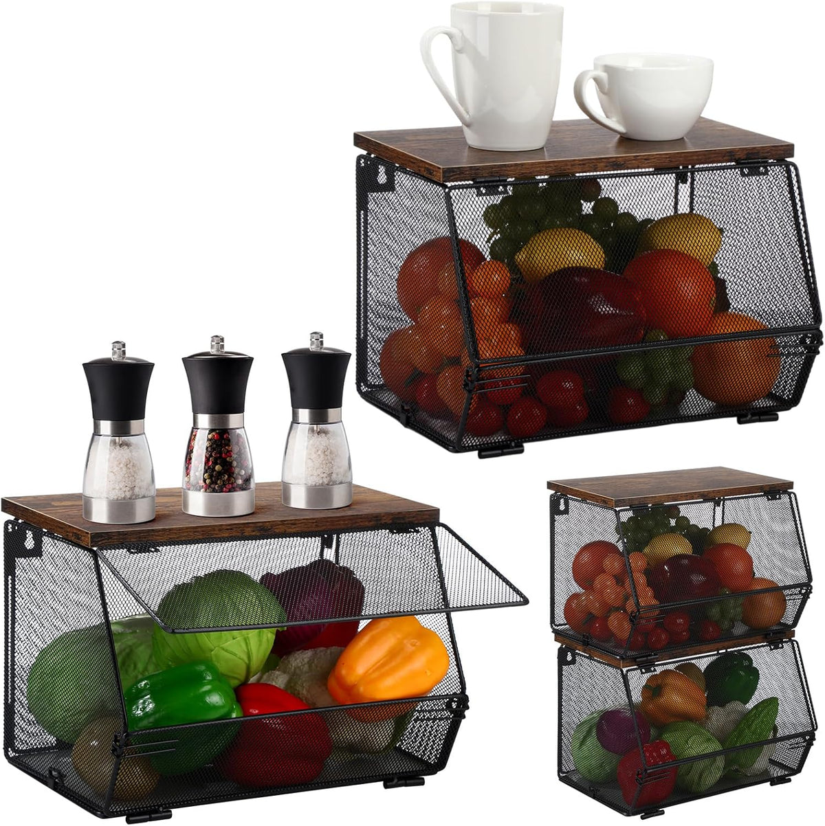 Teenyyou 2 Pcs Stackable Mesh Fruit Basket with Lid Wall Produce Vegetable Storage Basket Onion Potato Hanging Metal Wire Container for Kitchen Counter Pantry(Non-removable,Black,8.3" w & 13.8" l)