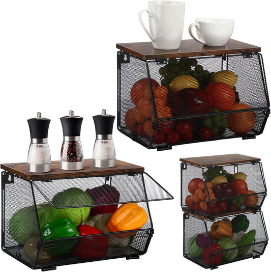Teenyyou 2 Pcs Stackable Mesh Fruit Basket with Lid Wall Produce Vegetable Storage Basket Onion Potato Hanging Metal Wire Container for Kitchen Counter Pantry(Non-removable,Black,8.3" w & 13.8" l)