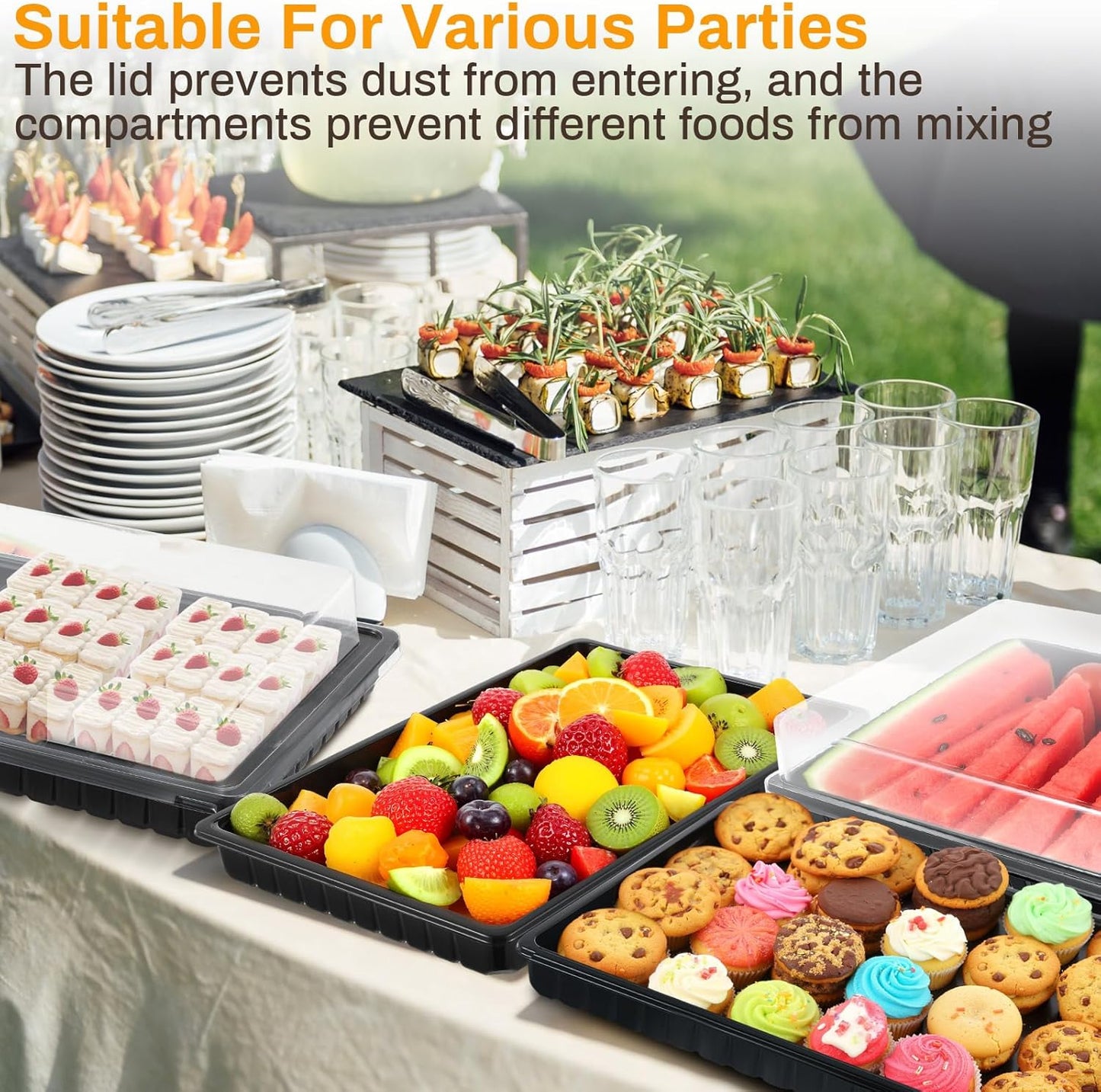 Shellwei 5 Pack Extra Large Charcuterie Board with Lids, 18 x 12 Inch Plastic Catering Trays for Cookies, Desserts, Candy, Reusable Serving Platters for Travel Party