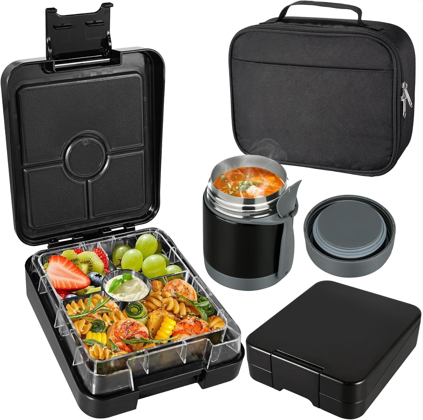 Pawtong Bento Lunch Box Set With 10oz Soup Thermo, Leak-proof Lunch Containers with 4 Compartment, Kids Hot Thermo Food Jar/Insulation Lunch Bag, Food Containers for School（Dinosaur）