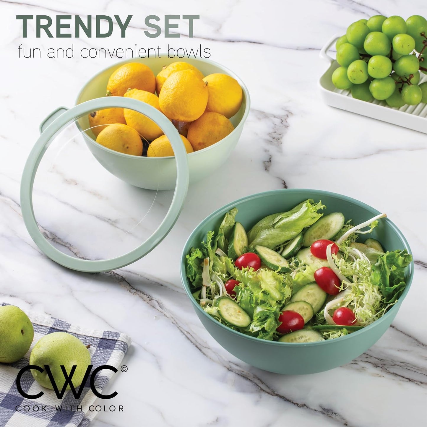 COOK WITH COLOR Mixing Bowls with Lids - 12 Piece Plastic Nesting Bowls Set includes 6 Prep Bowls and 6 Lids, Microwave Safe Mixing Bowl Set, Pink Embossed - Colors B