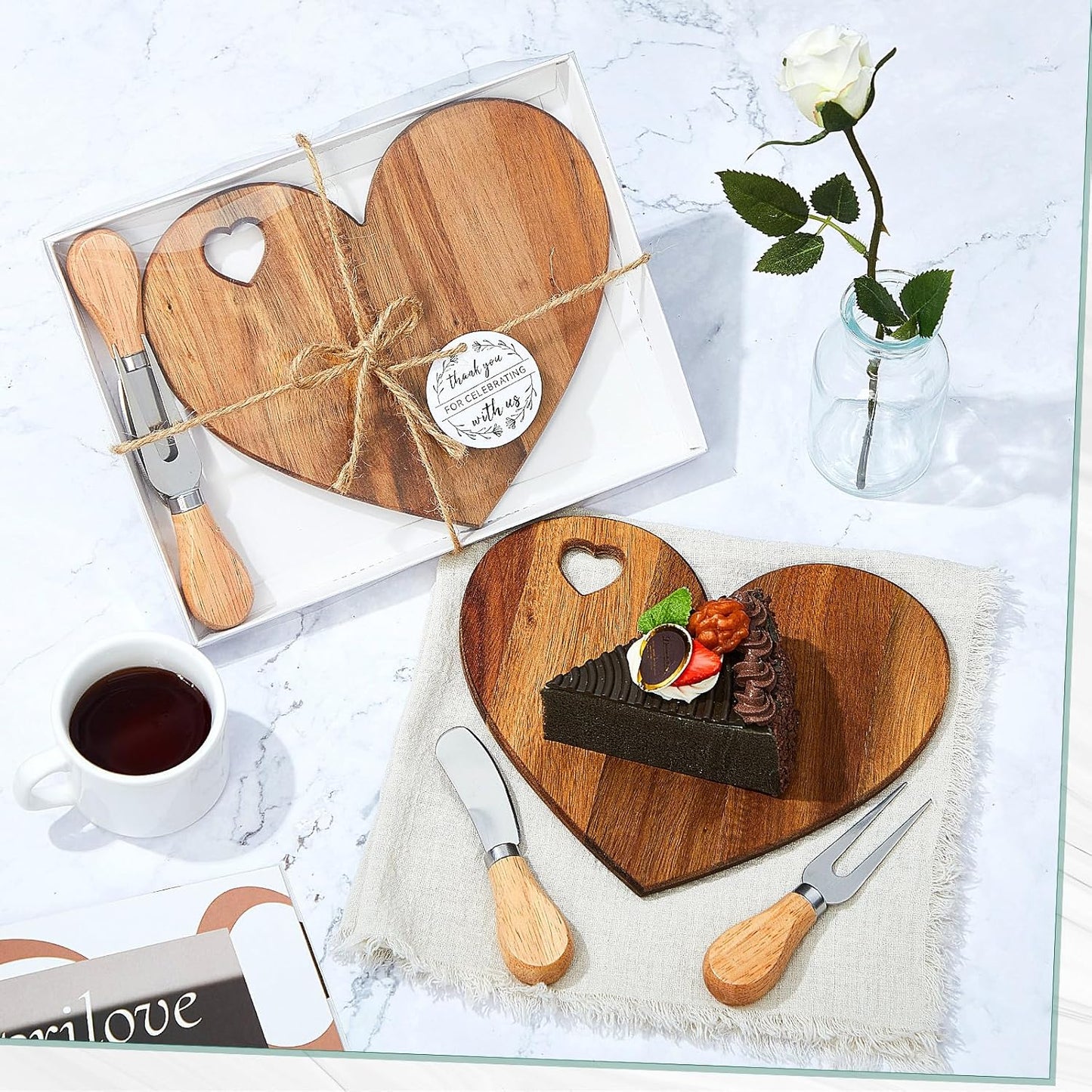 Patelai 24 Set Bridal Baby Shower Favor Heart Cheese Board with Knife, Wood Mini Charcuterie Board Thank You Gift Box for Guest Bridal Baby Shower Prize Wedding Valentines Birthday (Bamboo Color)