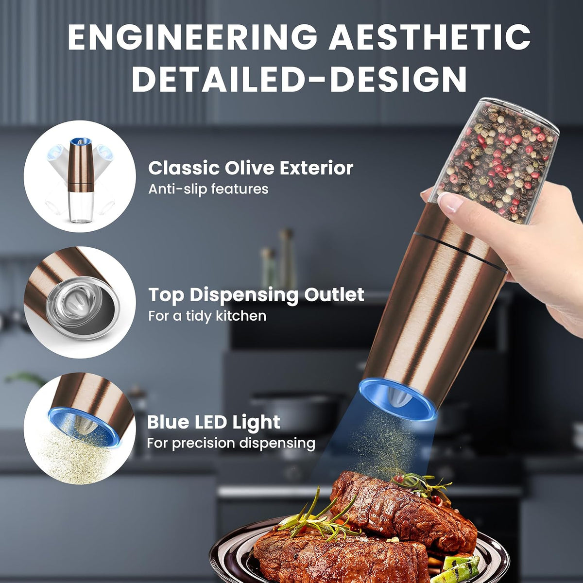 UNNEES Battery Operated Gravity Salt And Pepper Grinder Set, 2 Pcs (Black)