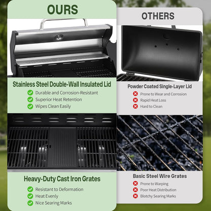 Gas Grill with Side Burner, 3-Burner Propane Grill with Porcelain-Enameled Cast Iron Grates and Double-Wall Insulated Lid, 39,000 BTU BBQ Grill with Wheels for Outdoor Cooking