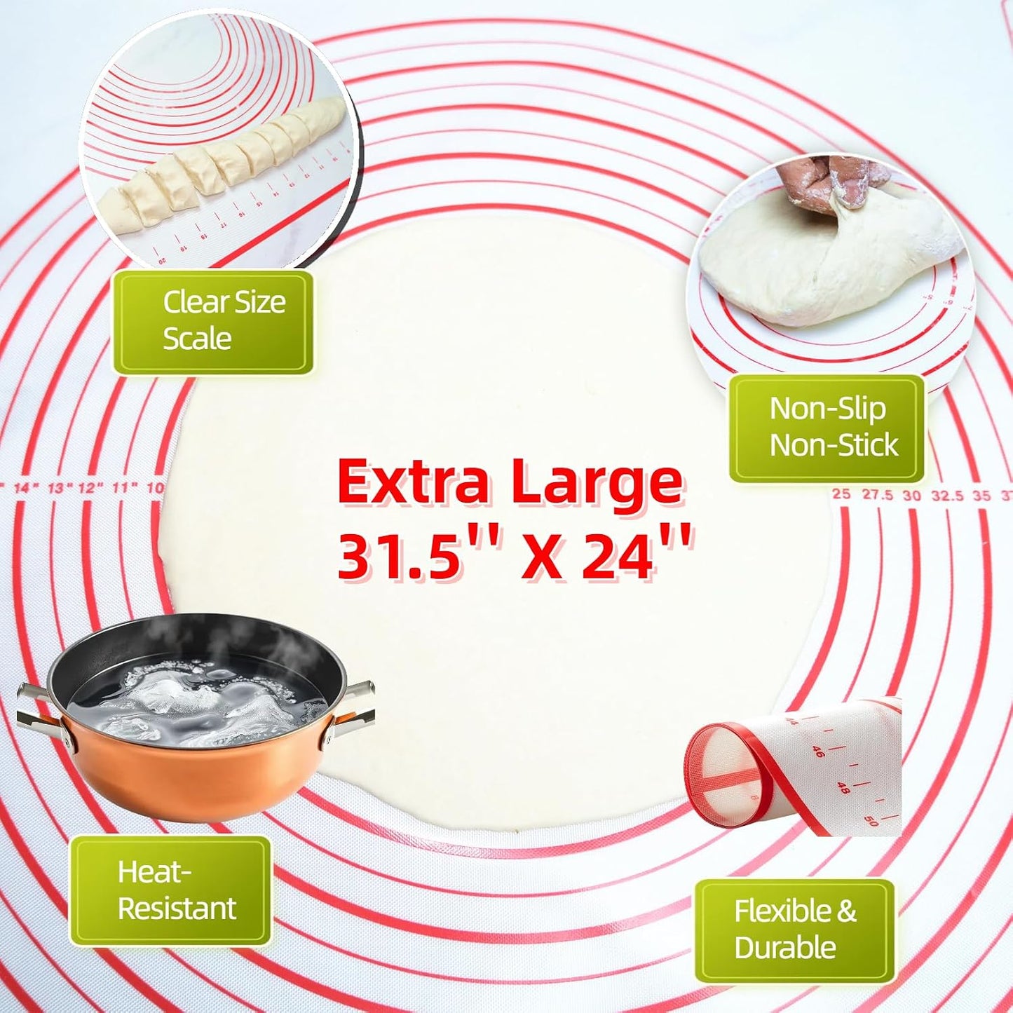 Extra Large 31.5'' x 24" Silicone Baking Mat for Rolling Dough & Pastry – Non-Stick, Heat-Resistant Kitchen Counter Protector – Dishwasher Safe, Easy Clean (XXL-31.5'' X 24'')
