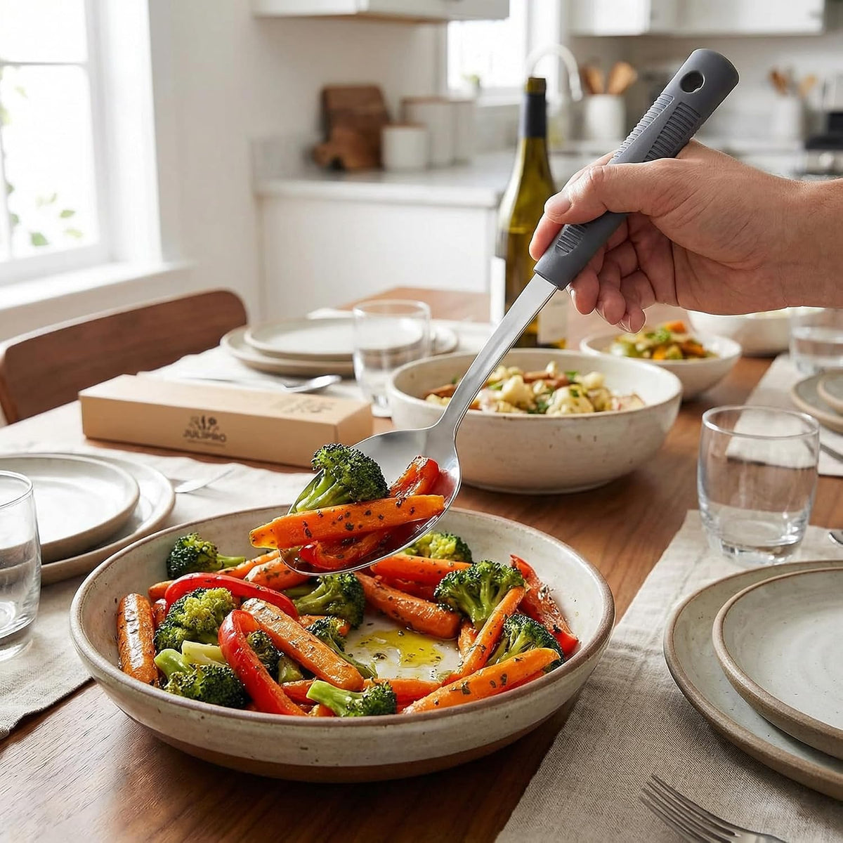 2-Piece Serving Spoons, 11-Inch, Solid & Slotted, Platinum Silicone