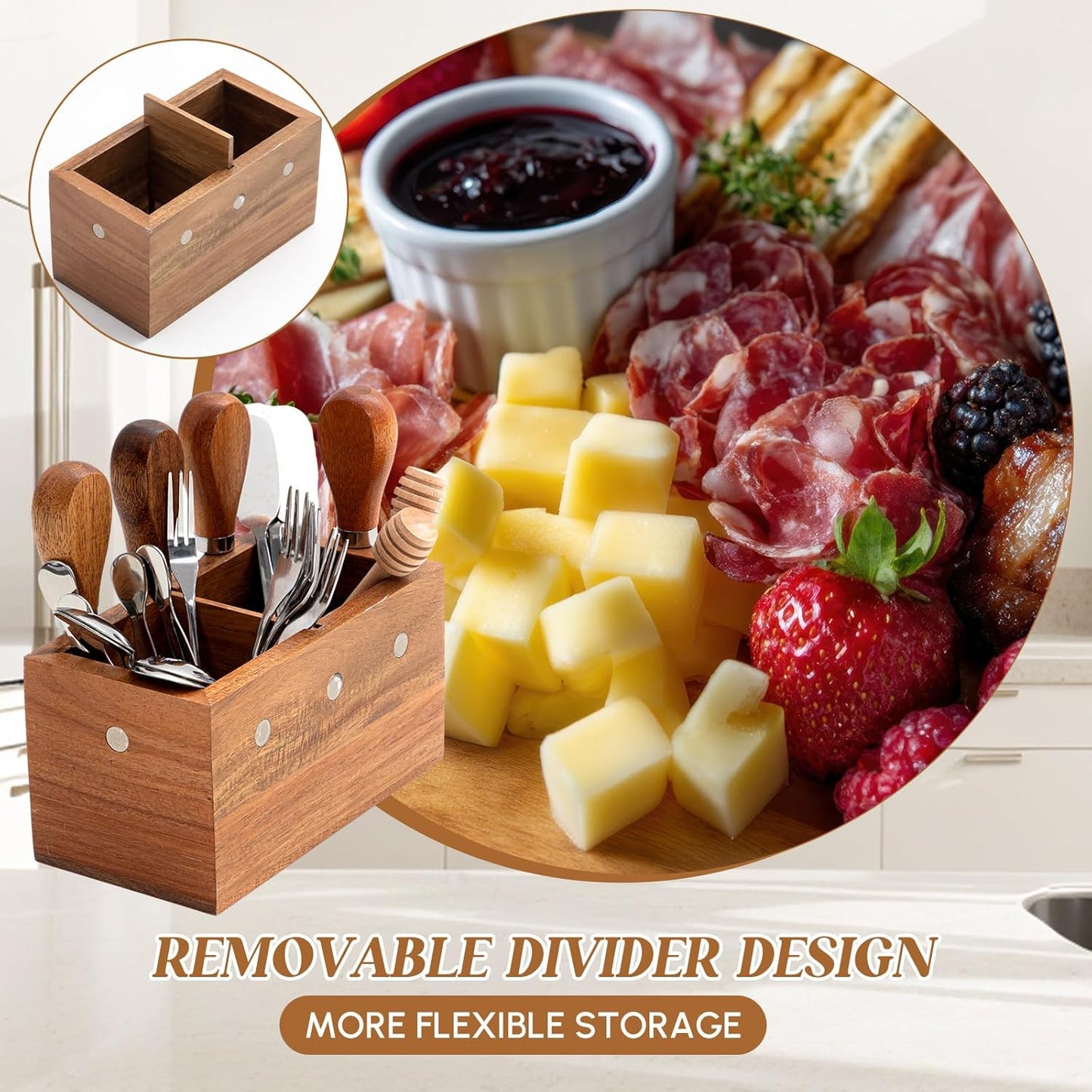 Hushee 44 Pcs Charcuterie Boards Accessories with Magnetic Acacia Wood Holder Wooden Cheese Knife Set for Wood Handle Knives for Cheese Knife Slicer with Tongs, Spoons, Forks, Honey Dipper (Style 2)