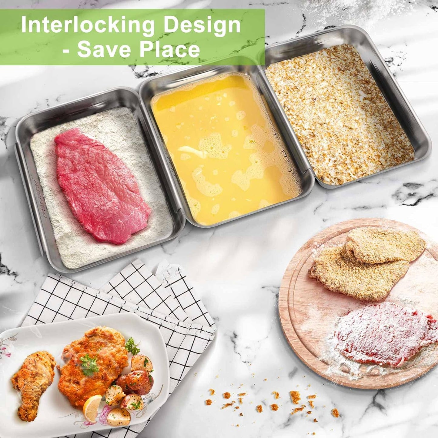 HULISEN Set of 3 Breading Pans, Stainless Steel Breading Set for Marinating Meat, Chicken, Fish, Food Prep Trays, Coating Trays Can Be Used to Baking Cake, Oven Safe