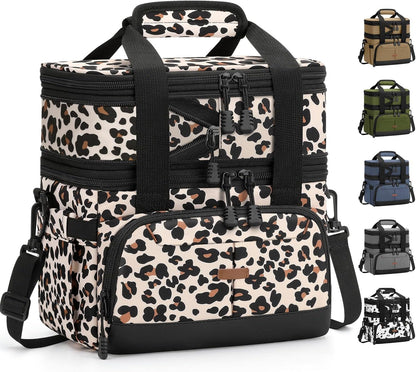 Pritent Lunch Box For Men Women Double Deck Insulated Lunch Bag For Men Woman Leakproof Expandable Cooler Bag with Adjustable Shoulder Strap for Kids Shool Work Picnic Camping(Beige,Large)