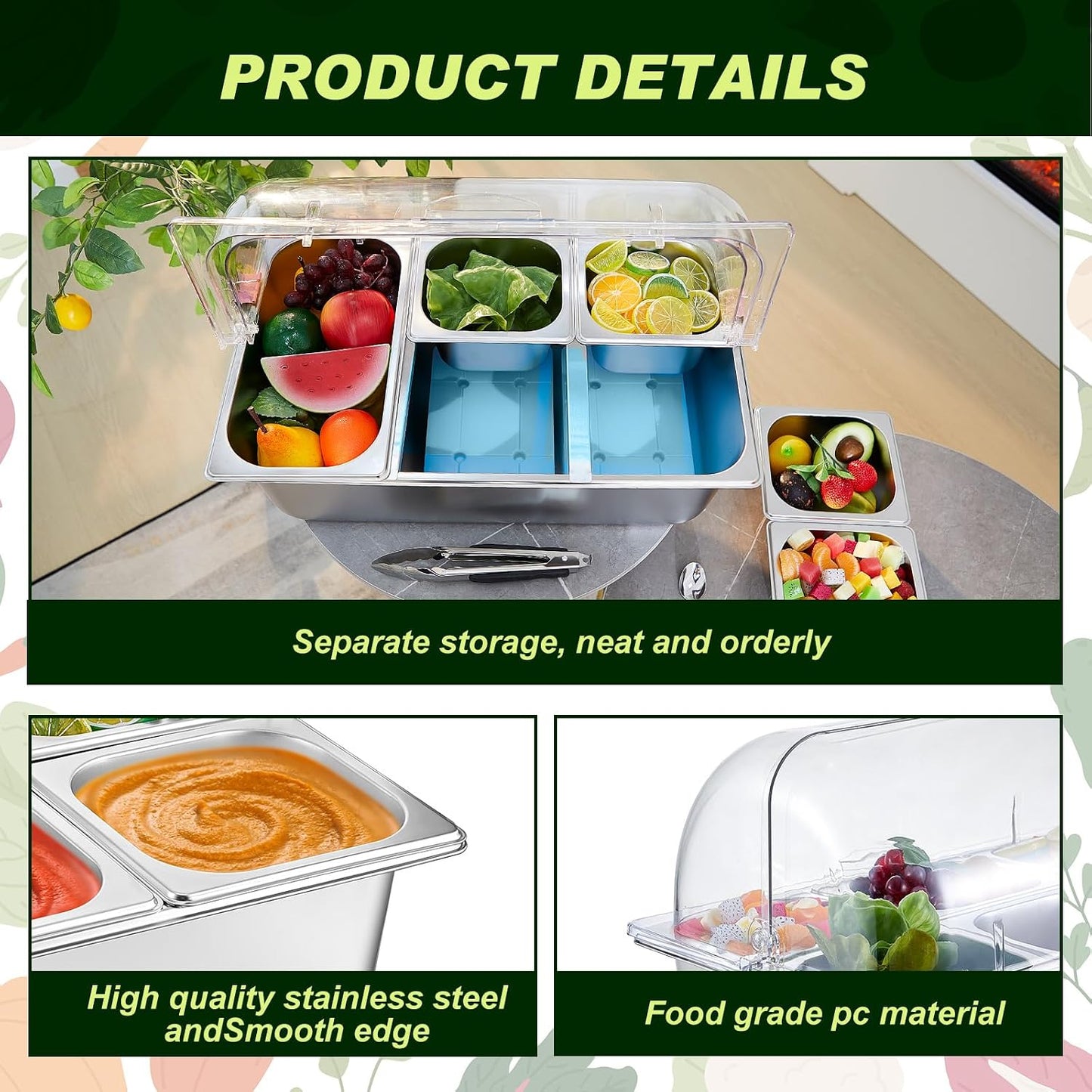 Condiment Tray Stainless Steel Serving Display Set with Lid for Buffet Restaurant Kitchen, Food Chilled Container for Salad Fruit Condiments, Keeps Food Fresh with Ice Box(6 Compartments)