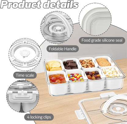 Divided Serving Tray with Lid and Handle,Time Recording 8 Compartments Snackle Box Container - Charcuterie Board for Portable Snack Platters - Clear Organizer for Fruits Snacks,Perfect for Travel