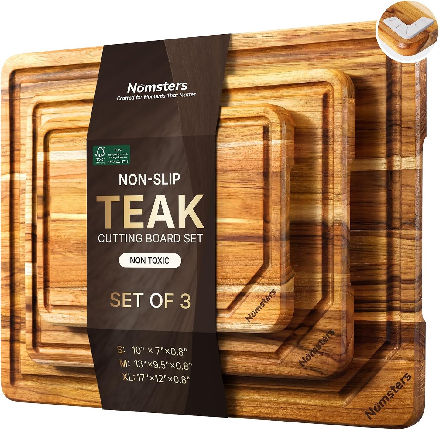 3 Pack Teak Wood Cutting Board Set for Kitchen Charcuterie Board Serving Heavy Duty Non Toxic Slip Hardwood Over Sink Solid Thick Haus Wooden Chopping Board Large Big Small Meat Best Essential Gift