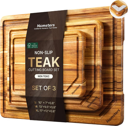 3 Pack Teak Wood Cutting Board Set for Kitchen Charcuterie Board Serving Heavy Duty Non Toxic Slip Hardwood Over Sink Solid Thick Haus Wooden Chopping Board Large Big Small Meat Best Essential Gift