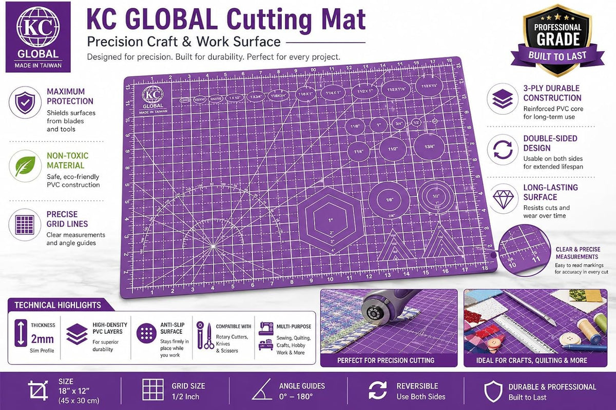 KC GLOBAL A3 (19"x13") Professional Grade Self-Healing Cutting Mat (Purple) - Odor-Free, Double-Sided, Eco-Friendly, Non-Slip, Premium Desk mat for DIY, Crafting, Model Building,and Art Projects