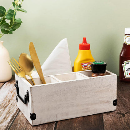 GoCraft 4-Compartment Flatware Caddy – Wooden Cutlery Holder with Napkin Holder, Silverware & Condiment Organizer, White Washed Mango Wood with Metal Handles, Perfect for Kitchen, Dining, and Picnics