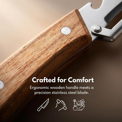 Multi-Functional Vegetable Peeler for Kitchen, 3-in-1 Stainless Steel Kitchen Tool, Wide-Cut Design with Wooden Handle and Bottle Opener, Suitable for Potatoes, Carrots, and Squash (2 PCS)