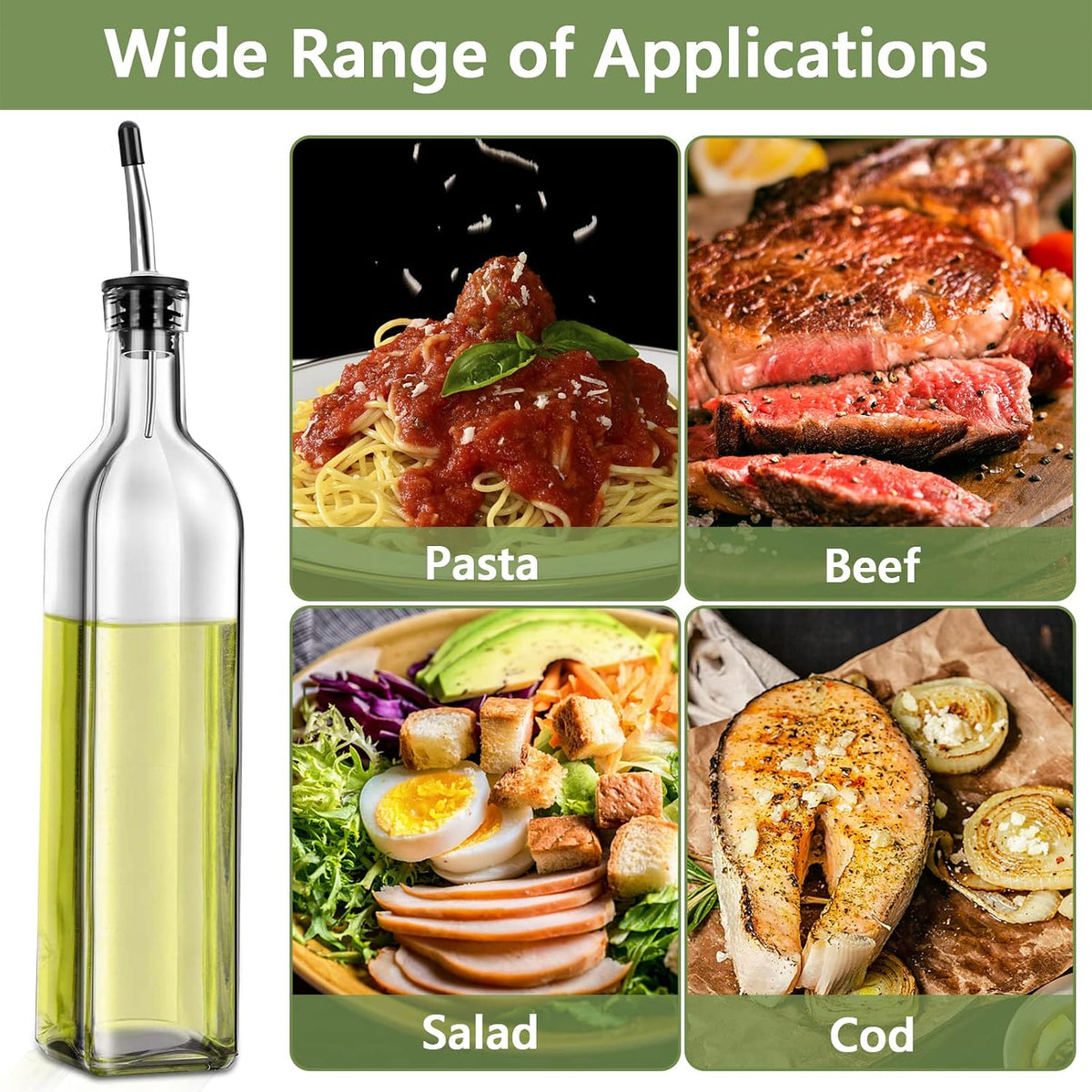Leaflai 17oz Olive Oil Dispenser Bottle, 500ml Oil & Vinegar Cruet with 2 Stainless Steel Pourers, 2 Labels,1 Brush and 1 Funnel for Kitchen