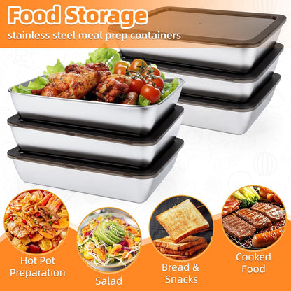 4 PCS Stainless Steel Food Storage Containers with lids,2.16 Inch Deep, 8x10 Inch Stainless Steel Oven plate, Metal Roasting Pan for Meal Prep、Meat, Rustproof & Heavy, Freezer & Dishwasher Safe