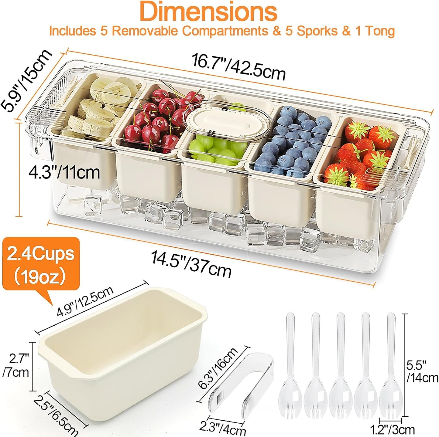 SVNNELP Ice Chilled Condiment Caddy Containers Server with Lid,Serving Fruit Tray Platter with 5 Removable Compartments,Garnish Tray for Party Supplies & Bar Accessories for Taco,Salad