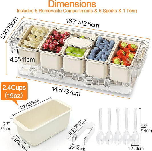 SVNNELP Ice Chilled Condiment Caddy Containers Server with Lid,Serving Fruit Tray Platter with 5 Removable Compartments,Garnish Tray for Party Supplies & Bar Accessories for Taco,Salad