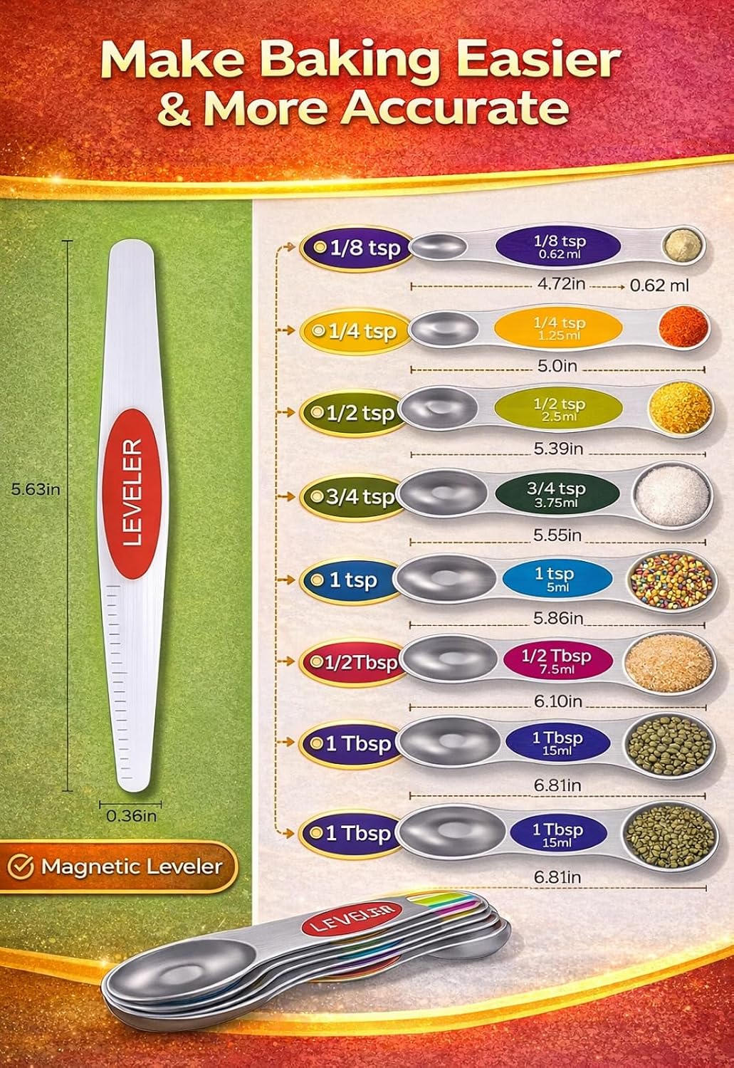 Magnetic Measuring Cups and Spoons Set304 Stainless Steel Dual Scale Set of 15, Strong N52 Magnetic Nesting Design with Leveler, for Dry&Liquid Ingredients, Dishwasher Safe(Colorful)