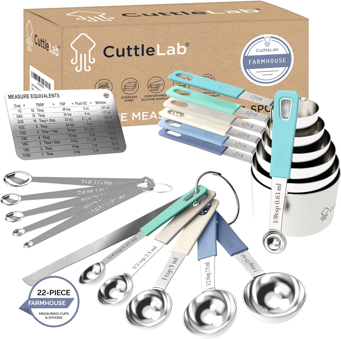 CuttleLab 22-Piece Stainless Steel Measuring Cups and Spoons Set, Tad Dash Pinch Smidgen Drop Mini Measuring Spoons, Measuring Stick Leveler, Measurement Conversion Chart Fridge Magnet, (Charcoal)