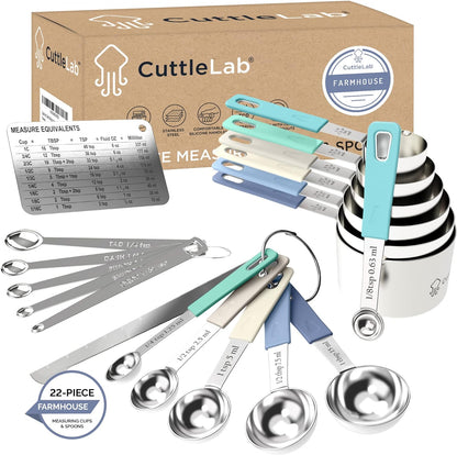 CuttleLab 22-Piece Stainless Steel Measuring Cups and Spoons Set, Tad Dash Pinch Smidgen Drop Mini Measuring Spoons, Measuring Stick Leveler, Measurement Conversion Chart Fridge Magnet, (Charcoal)