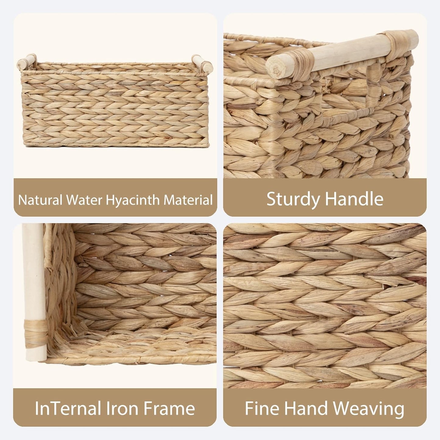 Water Hyacinth Wicker Storage Basket, Rectangular Handwoven Shelf Organizer with Wooden Handles for Pantry & Closet (Medium)