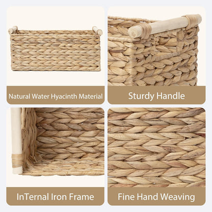 Water Hyacinth Wicker Storage Basket, Rectangular Handwoven Shelf Organizer with Wooden Handles for Pantry & Closet (Medium)