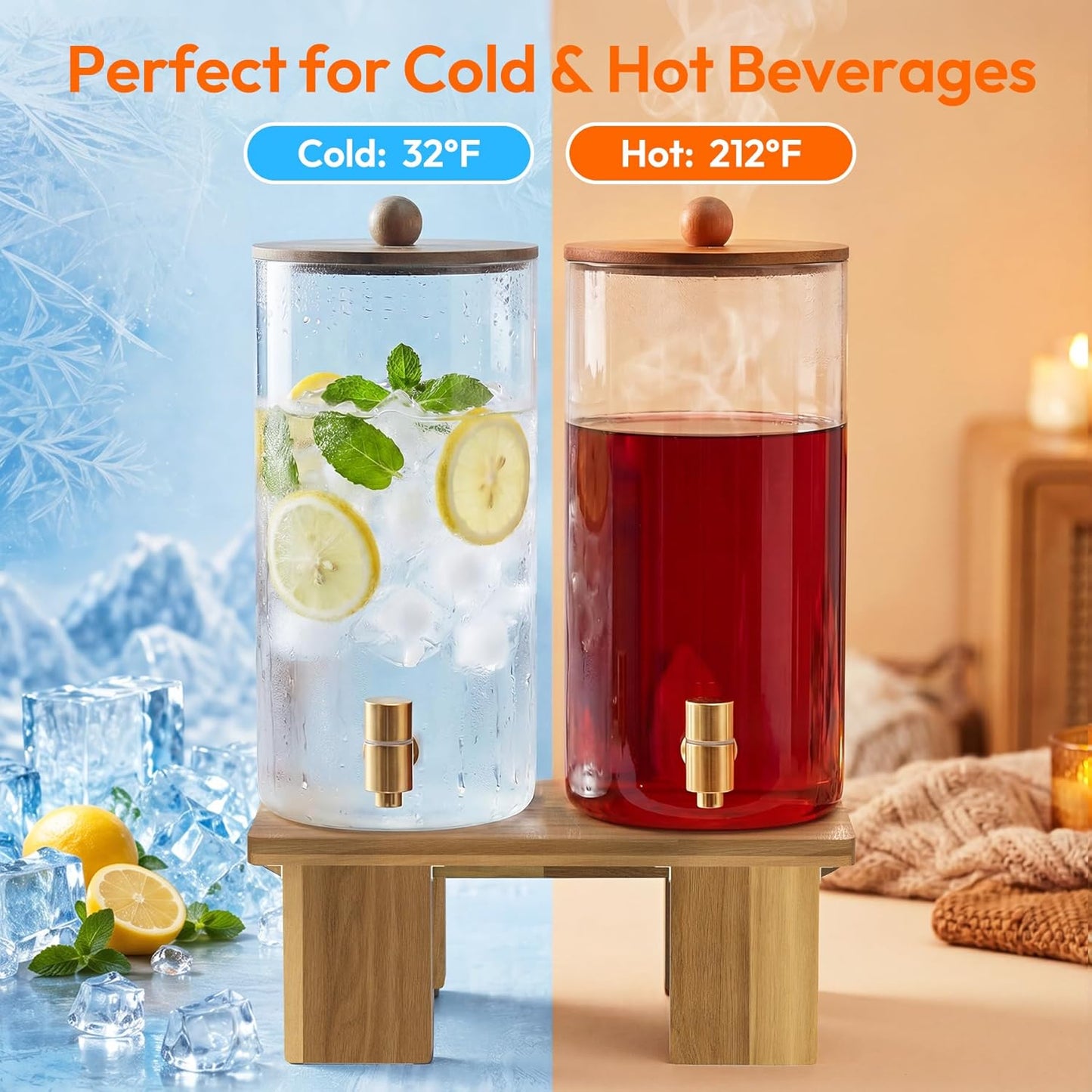 1.5 Gallon Drink Dispenser for Parties (2 Pack) - Glass Beverage Dispenser with Wood Stand, Stainless Steel Spigot & Coasters, Large Beverage Container for Hosting, BBQ, Lemonade, Juice & Iced Tea