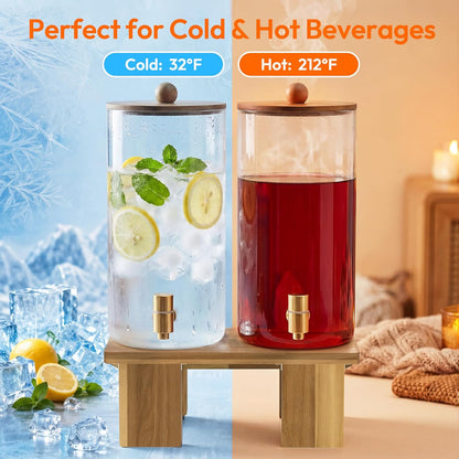 1.5 Gallon Drink Dispenser for Parties (2 Pack) - Glass Beverage Dispenser with Wood Stand, Stainless Steel Spigot & Coasters, Large Beverage Container for Hosting, BBQ, Lemonade, Juice & Iced Tea