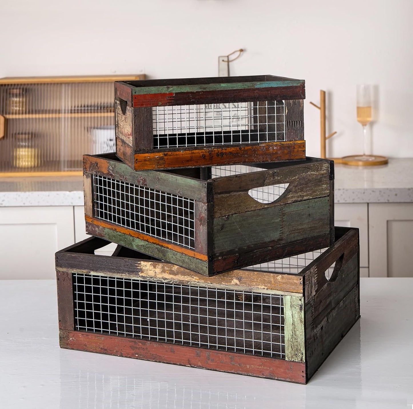 TIMRIS Set of 2 Rustic Wooden Countertop Baskets, Farmhouse Distressed Nesting Boxes, Small Decorative Wooden Storage Crates, Reclaimed Wood Organizer Baskets with Wire Mesh (Random)