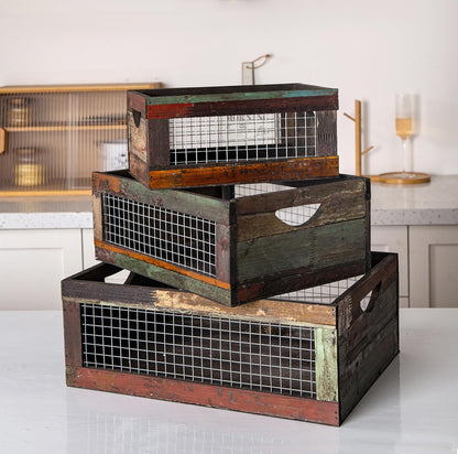 TIMRIS Set of 2 Rustic Wooden Countertop Baskets, Farmhouse Distressed Nesting Boxes, Small Decorative Wooden Storage Crates, Reclaimed Wood Organizer Baskets with Wire Mesh (Random)