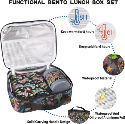 Bento Lunch Box Set for Kids with 10oz Soup Thermo, Leak-Proof Lunch Containers with 4 Compartment, Kids Thermo Hot Food Jar and Insulated Lunch Bag for Kid to School,BPA-Free(Dragon)